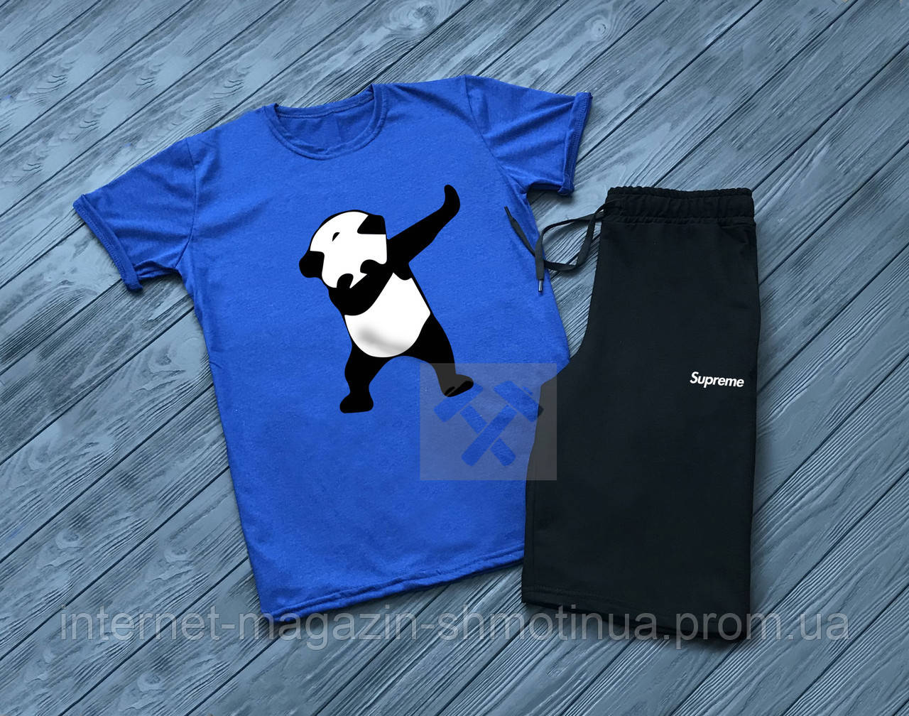 Чоловічий комплект футболка + шорти supreme синього і чорного кольору (люкс) S