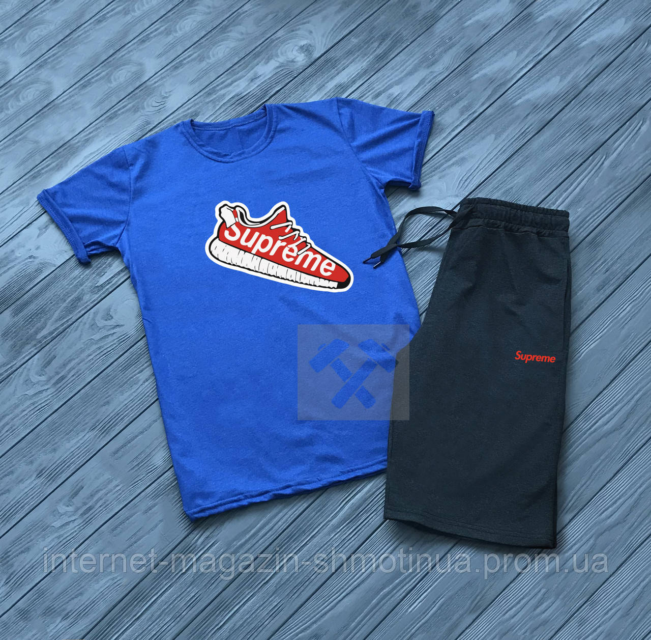 Чоловічий комплект футболка + шорти supreme синього і чорного кольору (люкс) S