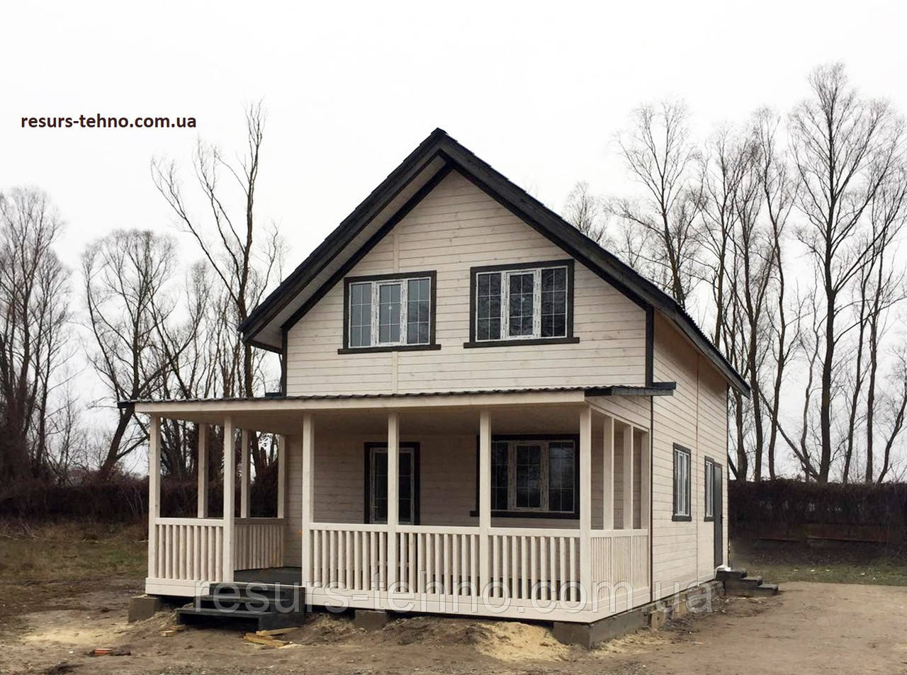 Каркасний будинок 6,0 м х 8,0 м із фальшбруса з мансардою та терасою