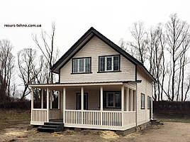 Каркасний будинок 6,0 м х 8,0 м із фальшбруса з мансардою та терасою