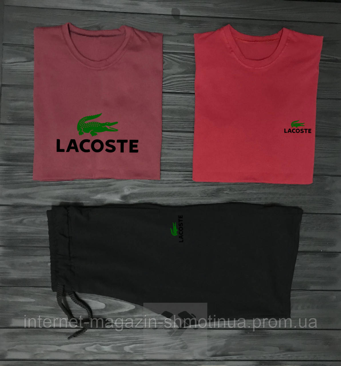 Чоловічий комплект дві футболки + шорти Lacoste червоного і чорного кольору (люкс) S