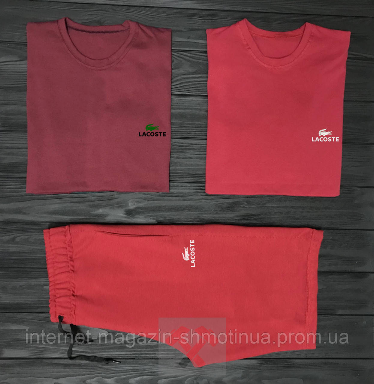 Чоловічий комплект дві футболки + шорти Lacoste червоного кольору (люкс) S