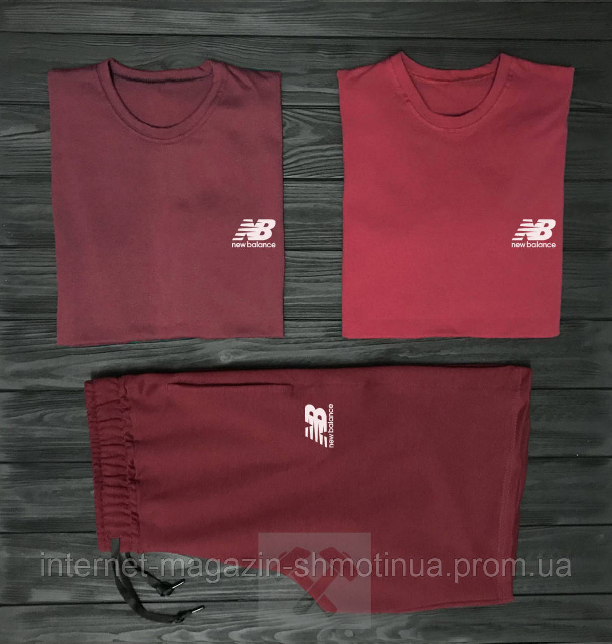 Чоловічий комплект дві футболки + шорти New Balance червоного кольору (люкс) S