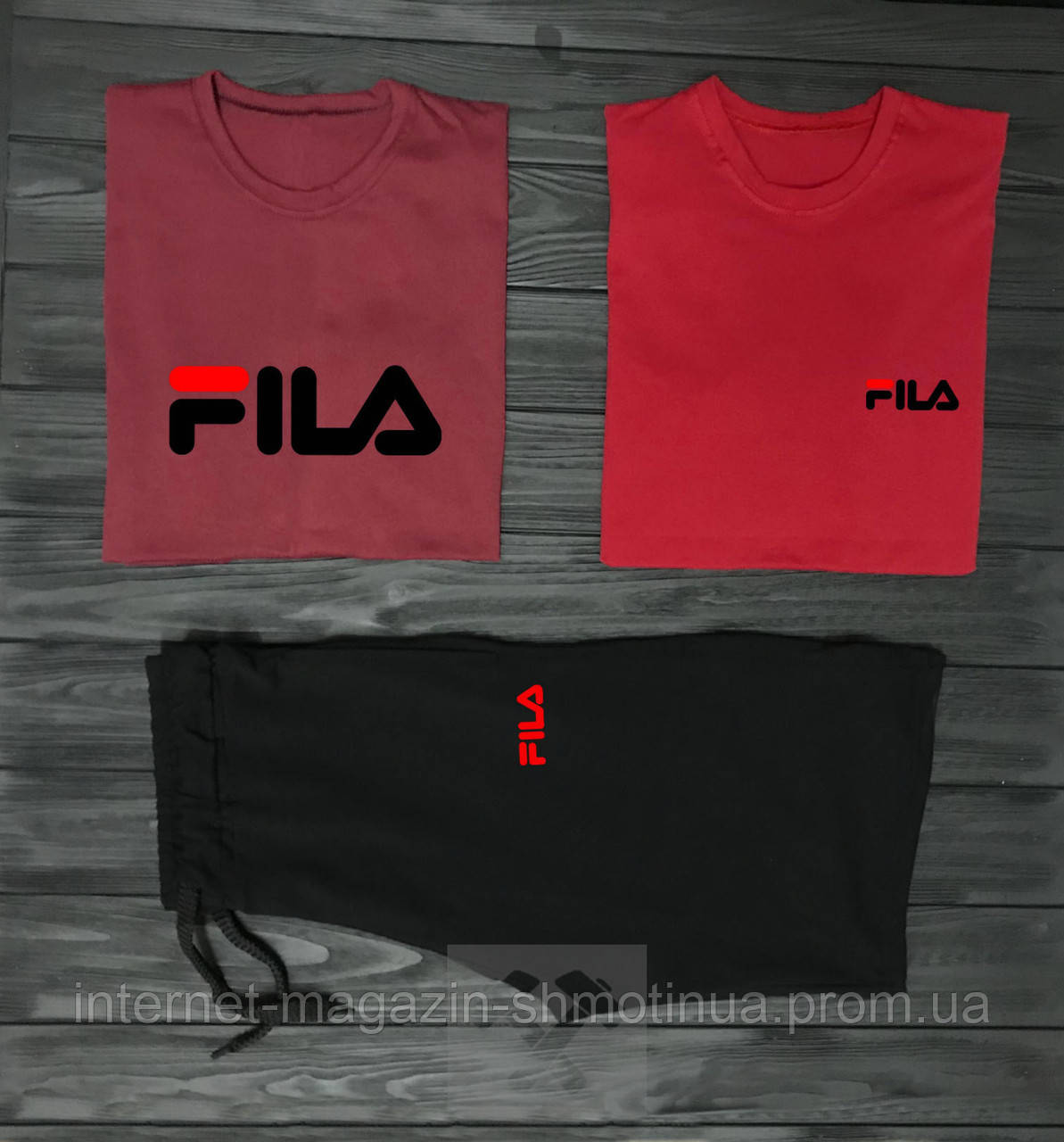 Чоловічий комплект дві футболки + шорти Fila червоного і чорного кольору (люкс) S