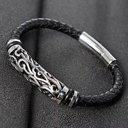 Шкіряний браслет "Орнамент" зі сталевими вставками, р. 18,5