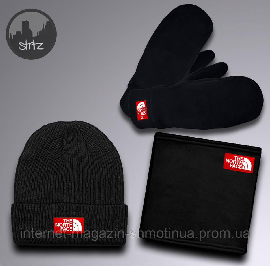Чоловічий комплект шапка + бафф + рукавички The North Face чорного кольору (люкс)