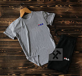 Чоловічий комплект футболка + шорти Fila сірого і чорного кольору (люкс) S