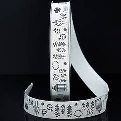 Стрічка Бавовняна Ситець, з принтом мультфільм, Квіти, Біло-чорний, Ширина: 15мм, 5 м