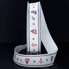 Стрічка Бавовняна Ситець, з принтом мультфільм, Кораблик, Біло-синій, Ширина: 20мм, 5 м