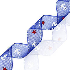 Стрічка з Органзи з Принтом, Синій, Ширина: 9мм, 5 м