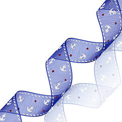 Стрічка з Органзи з Принтом, Синій, Ширина: 16мм, 5 м