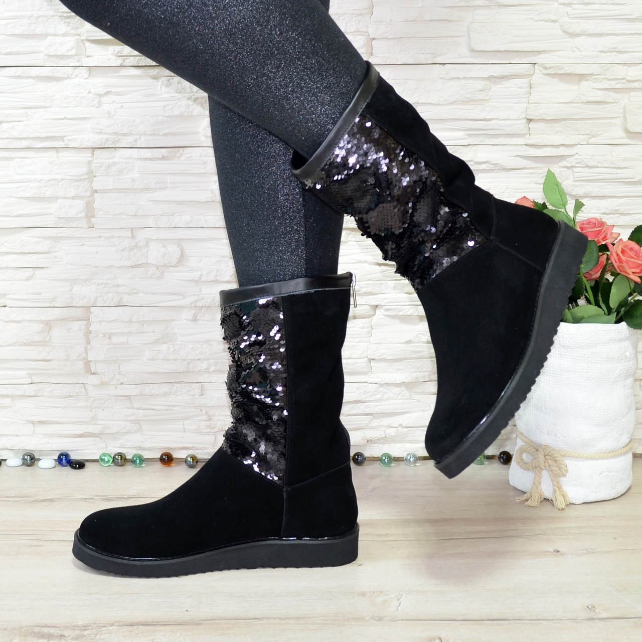 Уггі жіночі замшеві, декоровані паєтками, фото 1