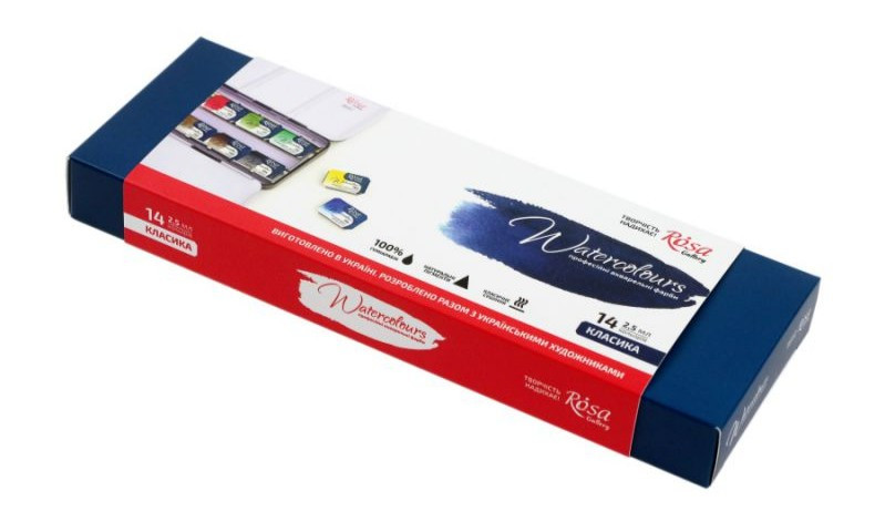 Набір акварельних фарб Classic 14 кольорів в кюветах металевий пенал Rosa Gallery, 340014, фото 1