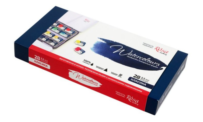 Набір акварельних фарб Classic 28 кольорів в кюветах металевий пенал Rosa Gallery, 340028, фото 1