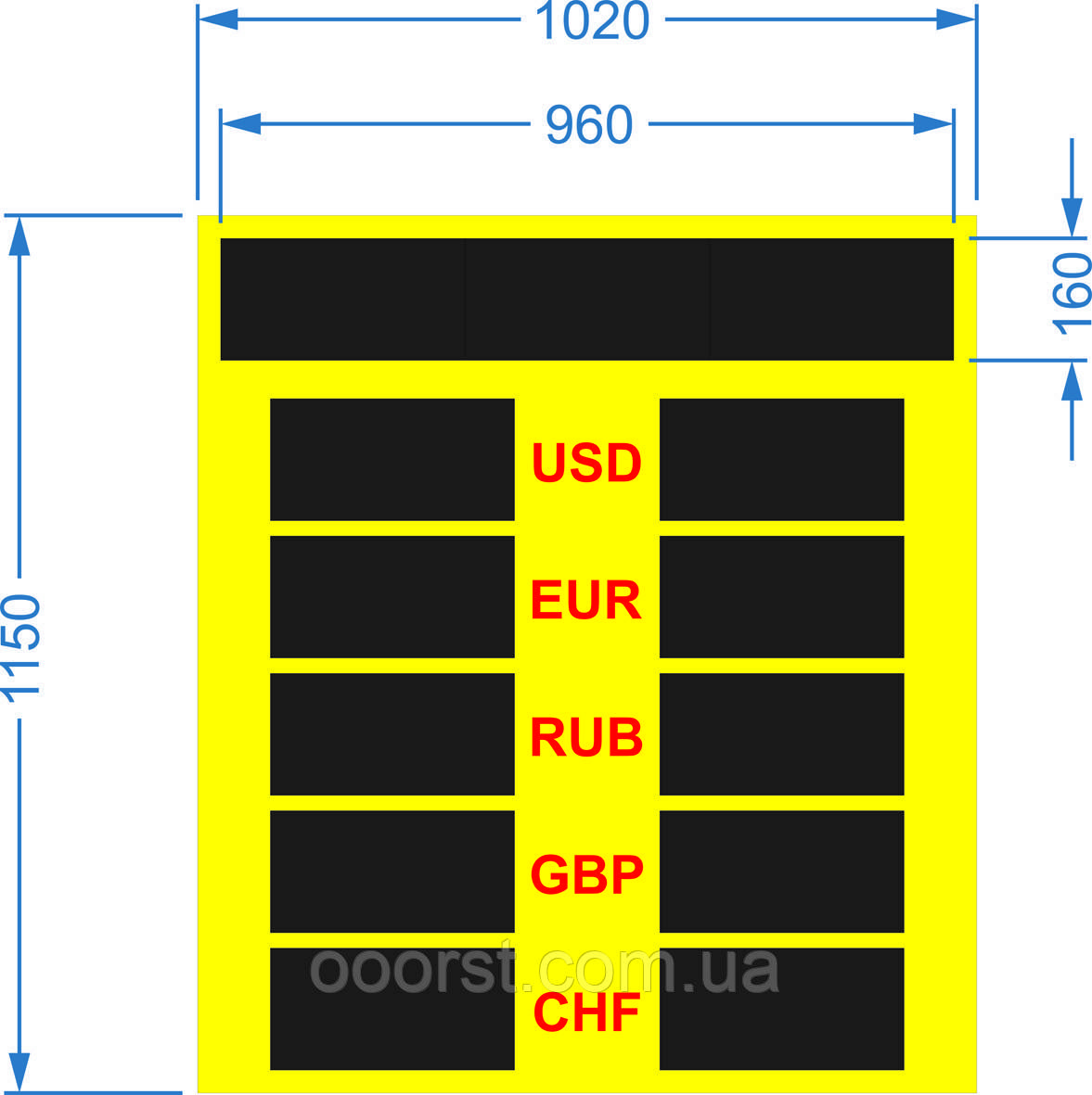 Електронне табло обміну валют (модулі) — 5 валют 1020х1150 мм двостороннє
