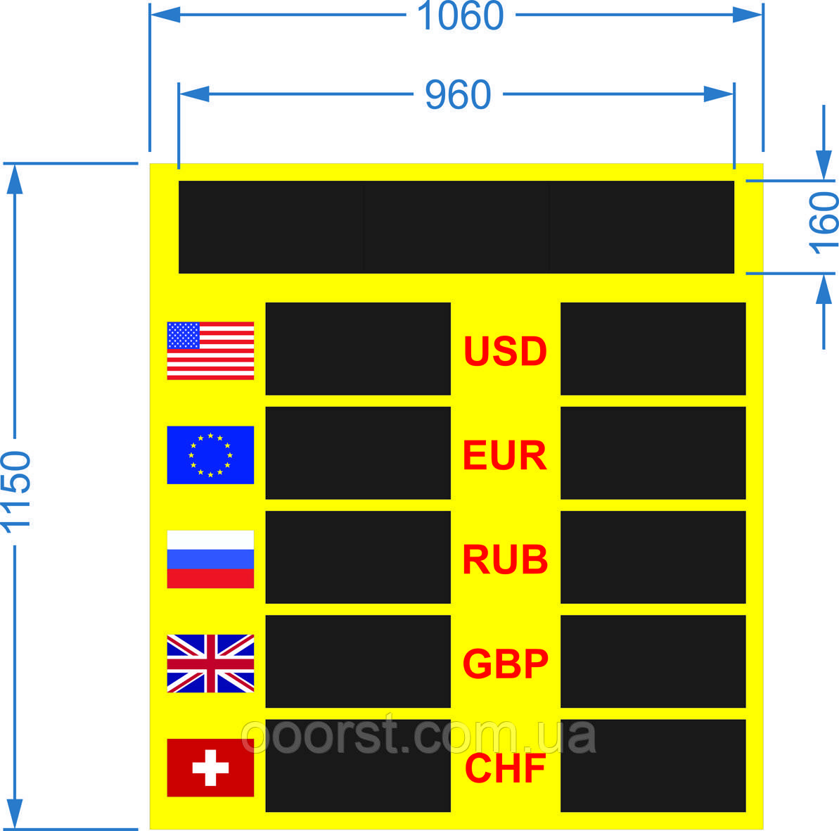 Електронне табло обміну валют (модулі) — 5 валют 1060х1150 мм двостороннє