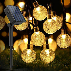 Вулична гірлянда на сонячній батареї Кришталеві кульки 12м.. 100 led. теплий білий 8 режимів.