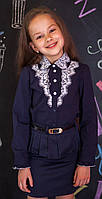 Рубашка Свит блуз для девочки мод. 6007 синяя с кружевным воротничком р.140