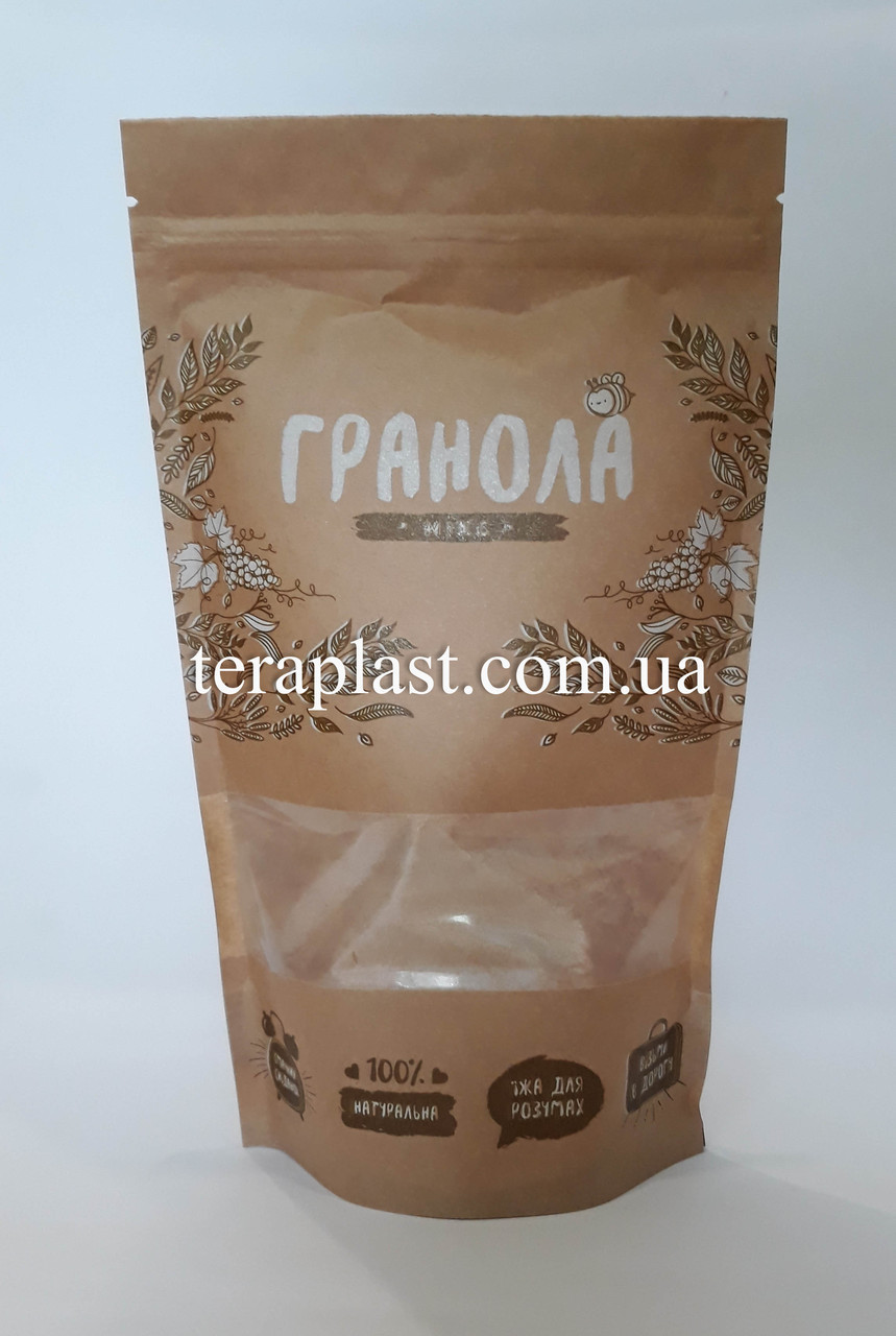 Пакет Дой-Пак крафт з вікном 150г 130x200 з друком