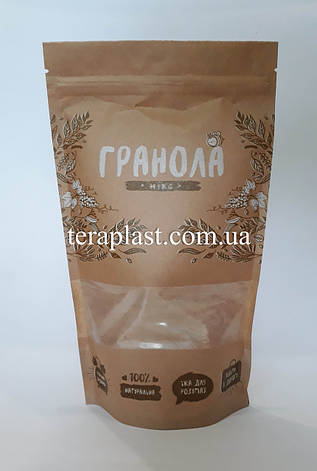 Пакет Дой-Пак крафт з вікном 150г 130x200 з друком, фото 1