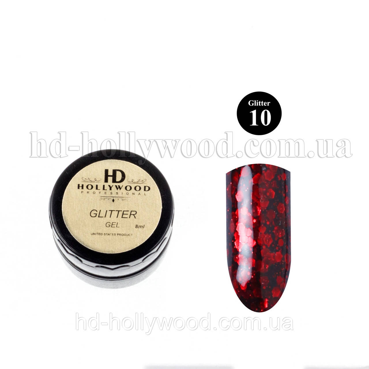 Гель лак Темно червоний Гліттер гель 10 HD Hollywood 8 ml, фото 1