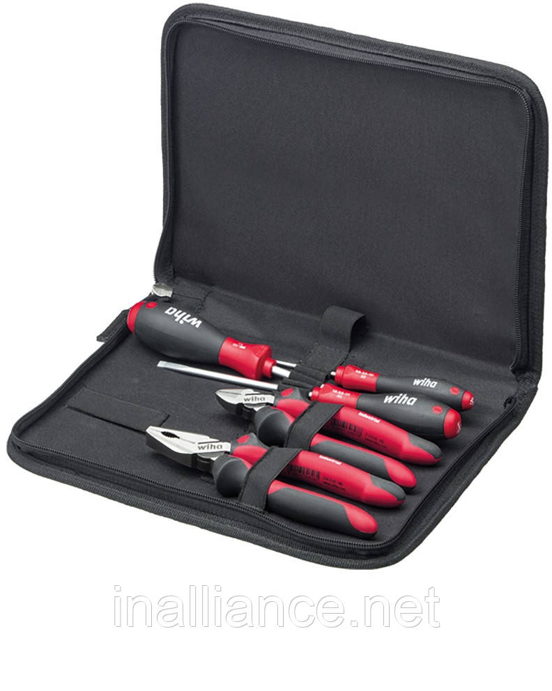 Професійний набір інструментів для базового екіпірування: пасатижі, бокорізи та 3 викрутки в сумці Industrial Mix Wiha 30824, фото 1