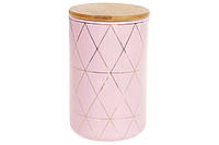 Банка керамическая 850мл с бамбуковой крышкой Ромбы, 16см, цвет - розовый с золотом