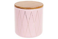 Банка керамическая 600мл с бамбуковой крышкой Ромбы, 11см, цвет - розовый с золотом