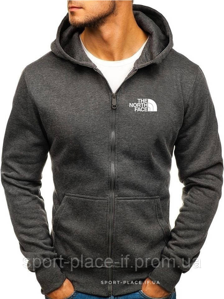 Чоловіча толстовка The North Face (Норс Фейс) темно-сіра (білий лого) із замком, олімпійка (кельми)