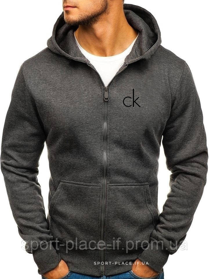 Чоловіча толстовка Calvin Klein (Кельвін Кляйн), сіра (чорний логотип) з замком, олімпійка (кельми)