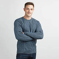 Джемпер мужской теплый, связанный модной вязкой араном, джинсового цвета из полушерсти
