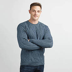 Джемпер чоловічий теплий, зв'язаний модним в'язанням араном, джинсового кольору з напіввовни