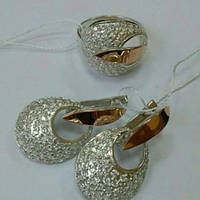 Серебряный набор женских украшений с золотыми накладками - серьги и кольцо из серебра 925 пробы с золотом
