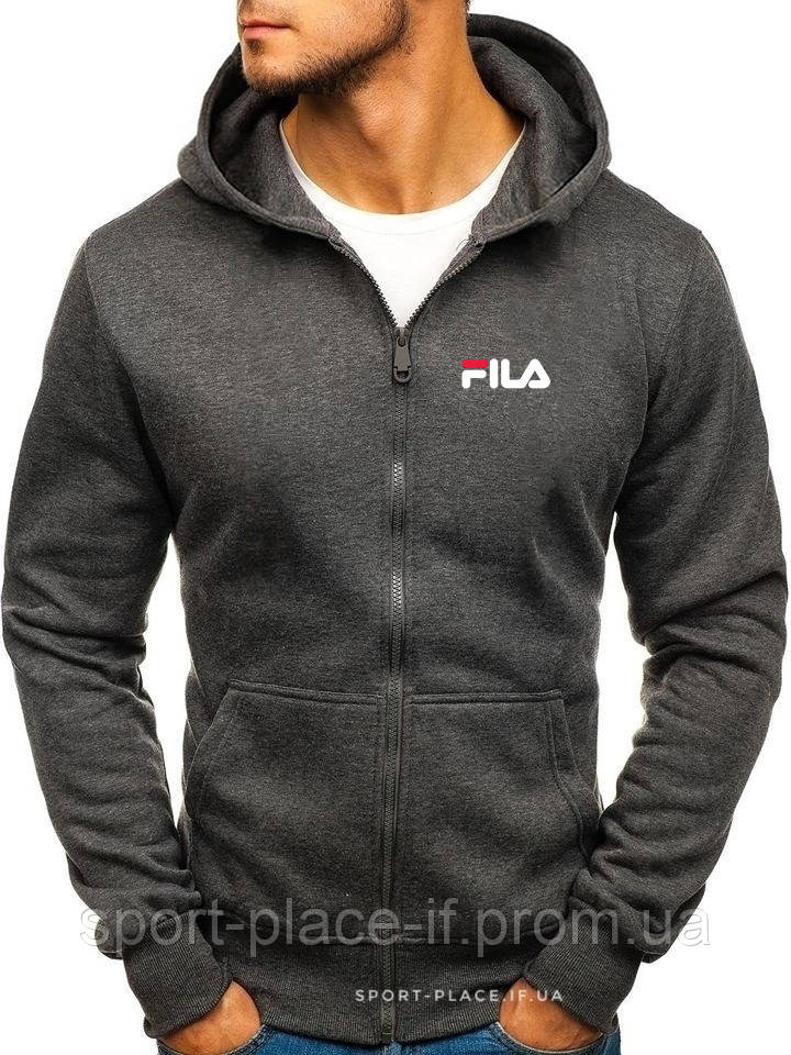 Чоловіча толстовка Fila (Філа) темно-сіра (білий логотип) з замком, олімпійка (кельми)