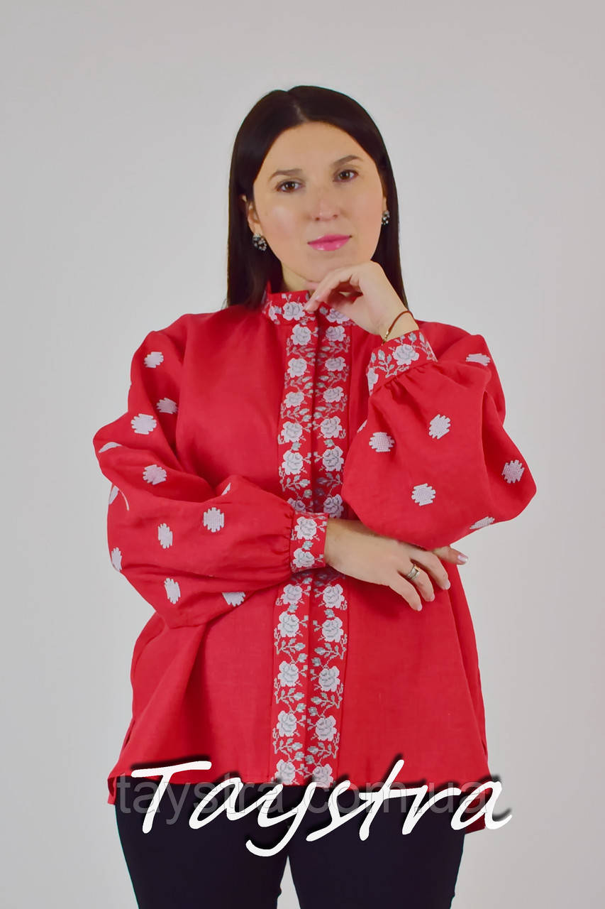 Вишиванка блуза етностильний, Bohemian, червона вишита блуза комір-стійка