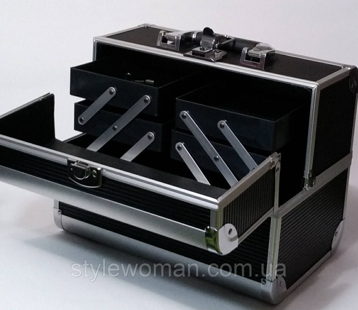 Бьюти кейс чемодан алюминиевый с ключом черный гафре полоса для мастеров - фото 2 - id-p1105314914