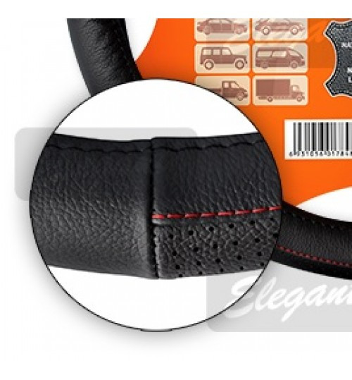 Чохол на кермо КІЖА M (37-38 см) чорний-червона нитка Elegant 105656 прошита червоною ниткою