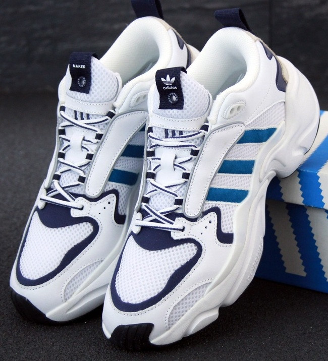 Чоловічі кросівки Adidas Consortium x Naked Magmur Runner білі з синім. Фото в живу. топ
