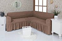 Натяжной чехол-накидка на угловой диван с рюшами  VENERA 02-202 с оборкой Серо-коричневый