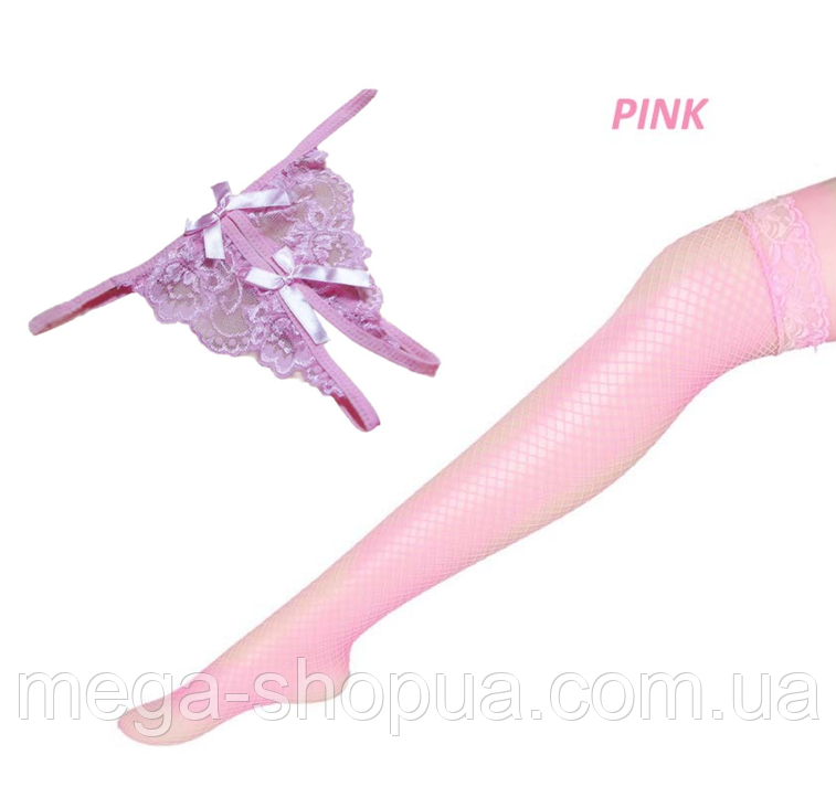 Сексуальні панчохи + трусики стрінги з вирізом доступом Рожеві. Еротична сексуальна білизна DE33B
