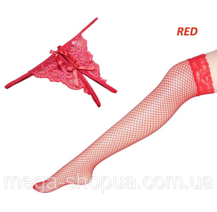 Сексуальні панчохи трусики стрінги з вирізом доступом Червоні. Еротична сексуальна білизна DE33B, фото 1