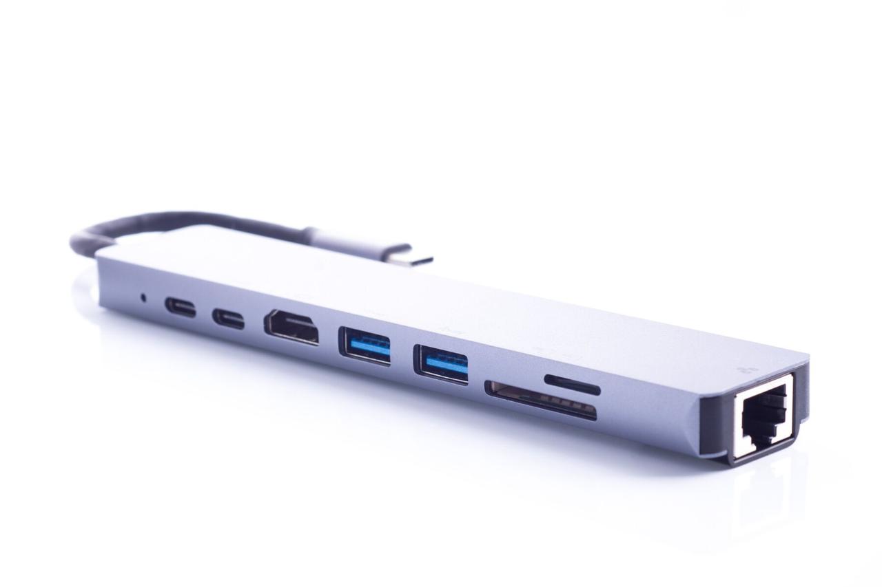 Багатофункціональний адаптер Lontion 8-в-1 Type C + USB HUB to HDMI/HDTV + PD + USB C + SD + TF + RJ45