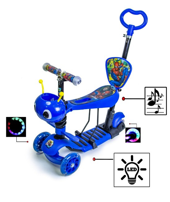Самокат 5 в 1 з батьківською ручкою сидінням світлом музикою синій, фото 1