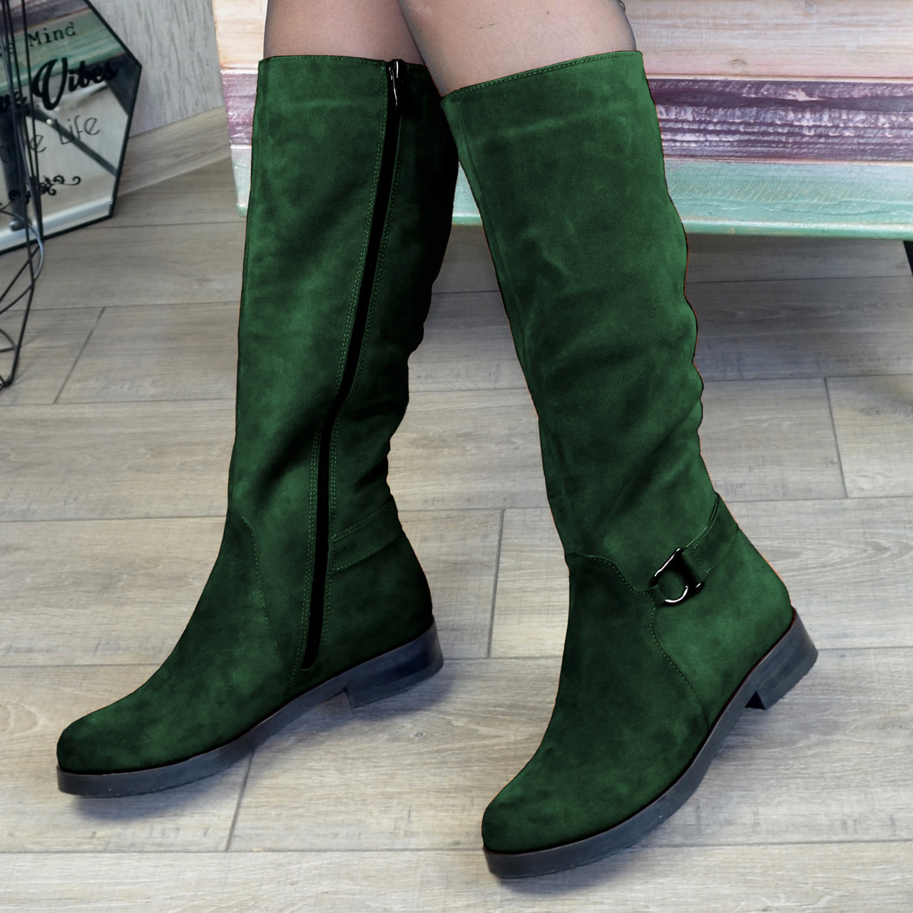 Чоботи замшеві жіночі на низькому ходу, колір зелений, фото 1