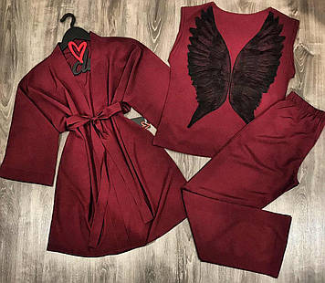 Жіночий комплект-трійка Халат і брючна піжама колір вишня.