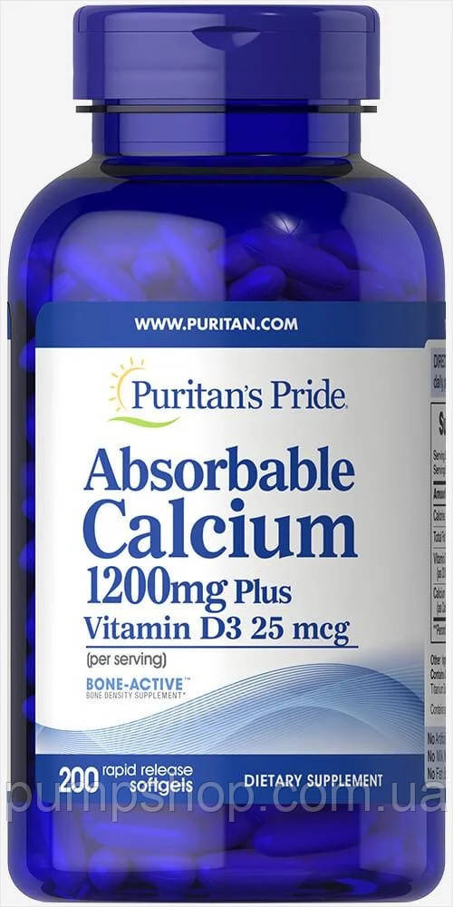 Кальцій + вітамін D3 Puritan's Pride Absorbable Calcium 1200 mg Plus Vitamin D3 25 mcg 200 капс.
