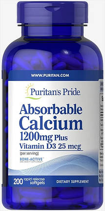 Кальцій + вітамін D3 Puritan's Pride Absorbable Calcium 1200 mg Plus Vitamin D3 25 mcg 200 капс., фото 2
