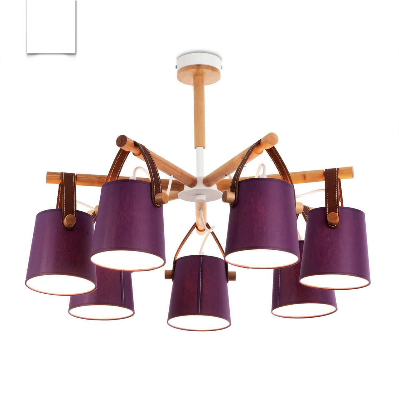Люстра з фіолетовими абажурами в стилі модерн з деревом для спальні, зали, кухні, фото 1