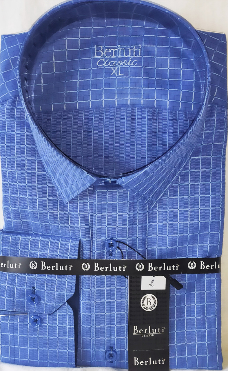 Сорочка чоловіча Berluti vd-0002 синя класична в клітку Туреччина