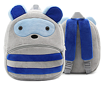 Детский рюкзак для малышей Енот мягкий велюр для садика маленький дошкольный синий с серым унисекс